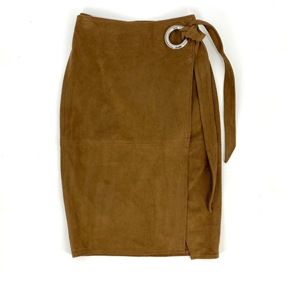 Express Wrap Skirt Brown Tan Faux Suede Tie Waist Pencil High Waist - Picture 4 of 12